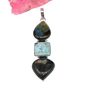 Labradorite & Larimar Necklace Pendant 925 Sterling Silver Overlay